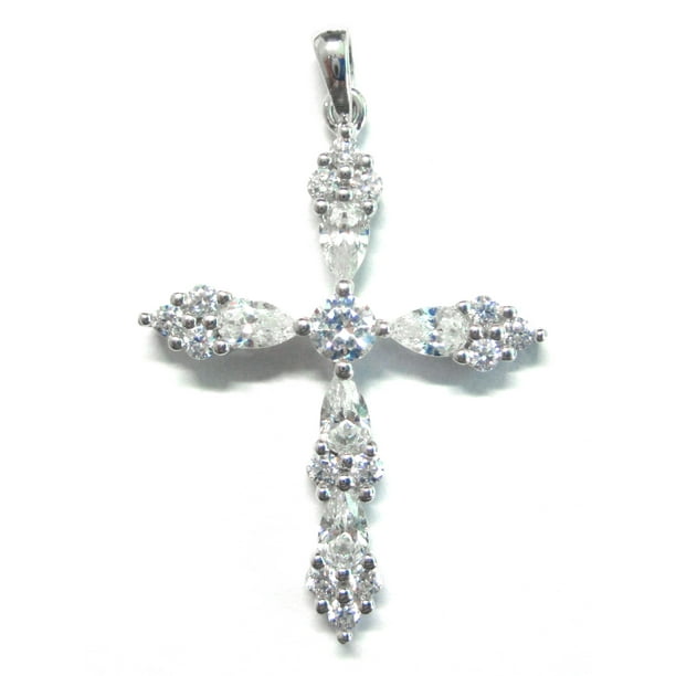 Gold Tone Solitaire Cross Pendant Sterling Silver Simulated Diamond Free Necklace 